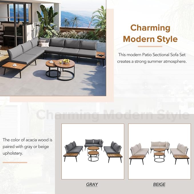 6-Piece Metal Outdoor Sectional Sofa Set with Round Nesting Coffee Tables, L-Shaped Patio Furniture Set Seating Sofa with Cushions for Patio, Porch and Garden, Gray