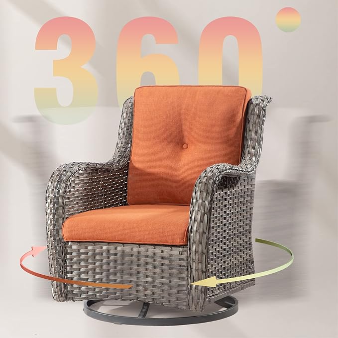 Outdoor Swivel Rocker Wicker Chair, High Back Patio Chairs Wicker Furniture, 1PC Rattan Swivel Rocking Chair with OIefin Cushions(Mixed Grey/Orange)