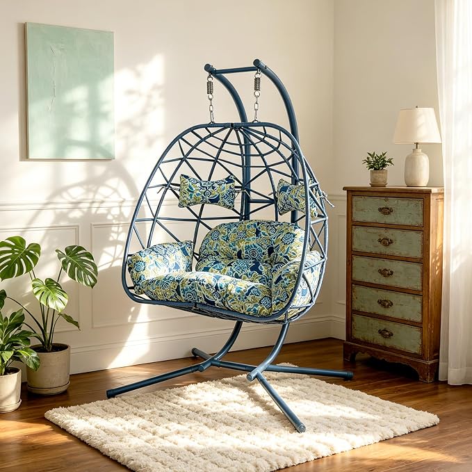 2 Person Double Hanging Egg Chair, Oversized Wicker Rattan Loveseat Swing Chair, Heavy Duty 600lbs Capacity, Foldable Basket Hammock Chair with Thick Cushion for Indoor Outdoor Patio Bedroom