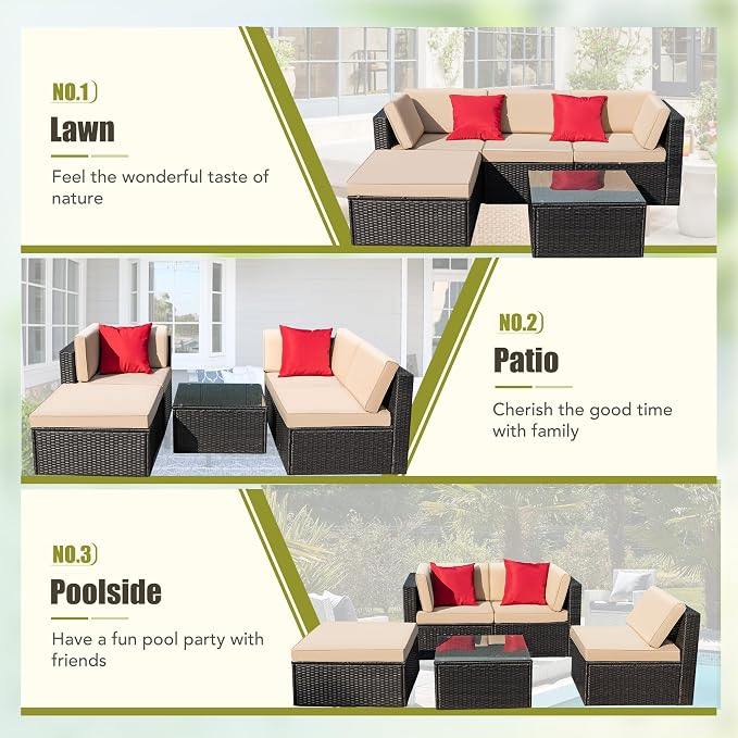Greesum 5 Piece Patio Conversation Set Wicker Rattan Furniture Outdoor Sofa with Cushions,Pillows & Glass Table for Porch,Lawn and Yard,Beige