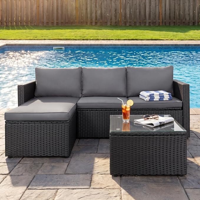 SUNLEI Patio Furniture Set with Detachable Soft Cushions, Outdoor PE Rattan Patio Conversation Sofa Set, 3-Piece Patio Sectional Sofa with Glass Coffee Table (Black Rattan&Charcoal)