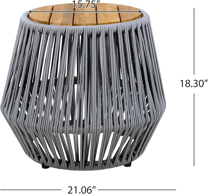 Polibi Outdoor Side Table with Handwoven Rope Base, Weather-Resistant Outdoor/Indoor Accent Table for Patio, Garden, Coastal & Bohemian Decor (Grey + Teak)
