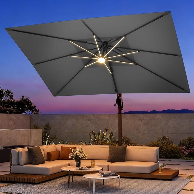 9 X 12 FT Cantilever Outdoor Patio Umbrella with Led Lights Heavy Duty Windproof Double Top Large Rectangle Offset Umbrellas with 360-degree Rotation for Garden Pool Deck Backyard, Grey