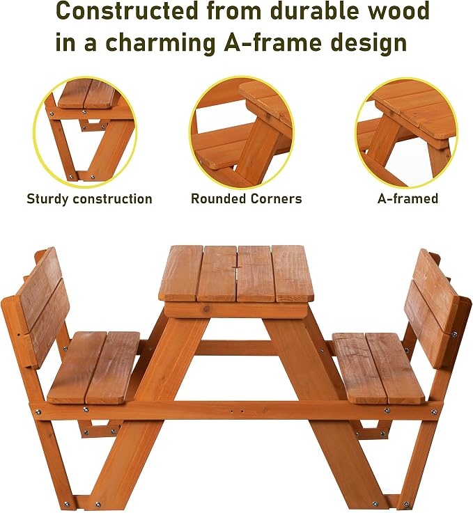 Gardenised Wooden Kids Picnic Bench with Backrest, Outdoor Children's Backyard, Crafting, Dining, and Playtime Patio Table, Stained