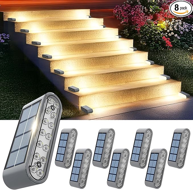 Solar Step Lights for Outside, 8-Pack Stair Light Outdoor Waterproof IP67, 14 LED Warm White Light Solar Powered Lighting for Steps, Stairs, Deck, Patio, Walkway, Front Porch Decor