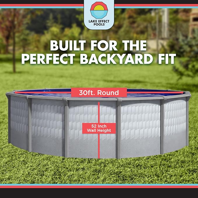 Lake Effect Pools 'Testudo' 30 ft Round Above Ground Swimming Pool | 52 Inch Resin Protected Steel Sided Walls | Bundle Includes: 25 Gauge Overlap Liner & Widemouth Skimmer