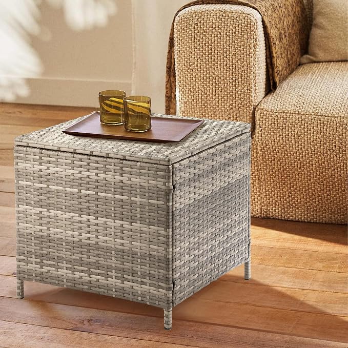 20.8in Outdoor PE Wicker Side Table,Square Patio Rattan End Table,Outside Storage Bin Container,All-Weather Small Storage Box Tables,with Lid,for Garden Porch Poolside Deck Backyard (Grey)
