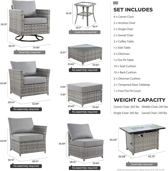 16 Pieces Patio Furniture Conversation Set with 42" Fire Pit Table Rocking Chair Outdoor Sectional Gray Wicker Sofa Set