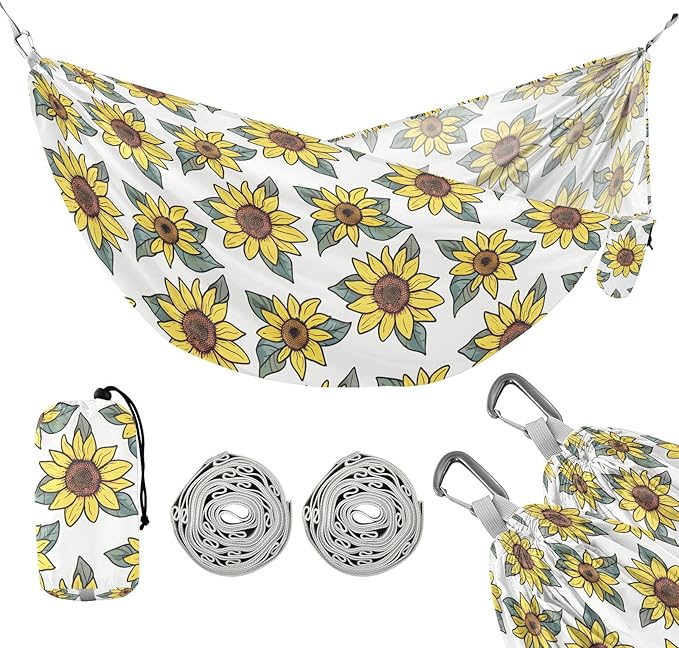 Camping Hammock Outdoor Hammocks for Outside Sunflower Hand-Drawn Beach Trees Portable Lightweight with Pockets Tree Straps Indoor