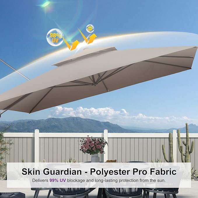 PURPLE LEAF 12 FT Cantilever Patio Umbrella with Light, 330lbs Base Large Square Windproof Offset Umbrella for Pool Deck Garden, Ash Mocha
