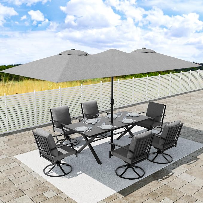 8 PCS Outdoor Patio Dining Set with 13.6ft Double-Sided Patio Umbrella,Patio Table and Chairs Metal Outdoor Patio Furniture Set,Dining Table Set with 6 Swivel Chairs,Grey