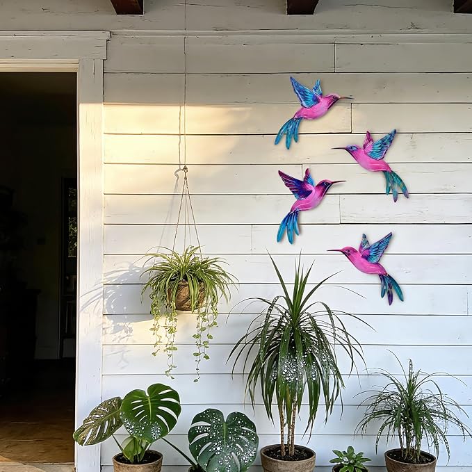 4 Pack Metal Hummingbird Wall Art Decor - 3D Colorful Birds Outdoor Wall Art,Hanging Decoration for Patio, Garden, Balcony and Fence (B)