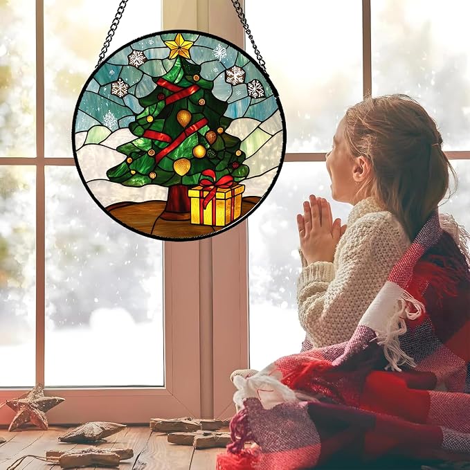 DASTOLL Stained Glass Window Hanging Green Christmas Tree Snowflake Large 11.8" - Suncatcher Door Garden Sun Catcher Xmas Holiday Decor Birthday for Mom Men Woman Friend Nana
