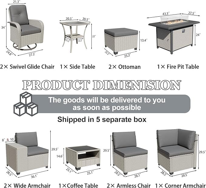 12-Piece Outdoor Patio Furniture Set with Fire Pit, Modular Sectional Sofa Set with Swivel Rocker Chairs & Ottomans, Wicker Outdoor Couch Conversation Sets w/Coffee Table and Cushions, Gray