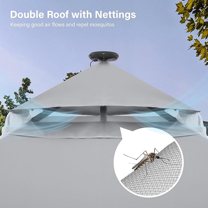 LAUSAINT HOME Patio Gazebo 10'x10' with Solar LED Roof Lights, Outdoor Heavy Duty Party Tent Shelter with Double Roofs, Mosquito Netting & Privacy Curtains for Backyard, Garden, Lawn, Gray