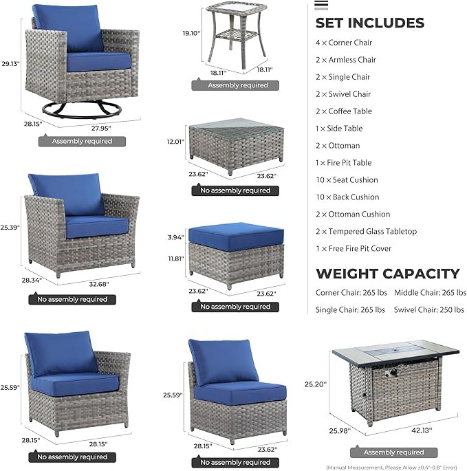 16 Pieces Patio Furniture Conversation Set with 42" Fire Pit Table Rocking Chair Outdoor Sectional Gray Wicker Sofa Set