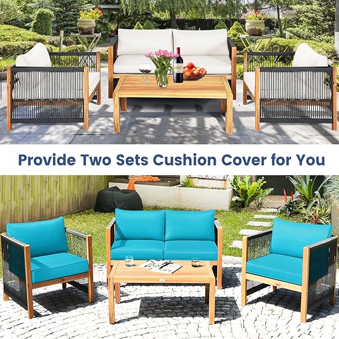 Tangkula Outdoor Wood Furniture Set with 2 Set Cushion Covers, 4 Pieces Cushioned Patio Conversation Set, for Garden Balcony Poolside Outdoor Living (1, WH-TU)