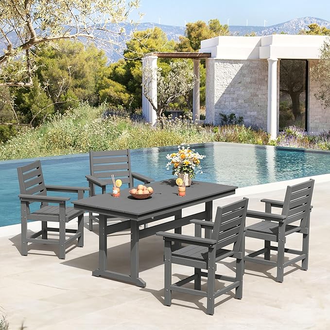 5 Piece Patio Dining Set, 66" Rectangle HDPS Weather Resistant Outdoor Table & 4 Patio Chairs Set with 1.96" Umbrella Hole, Heavy Duty Chairs for Backyard Balcony Deck, Grey