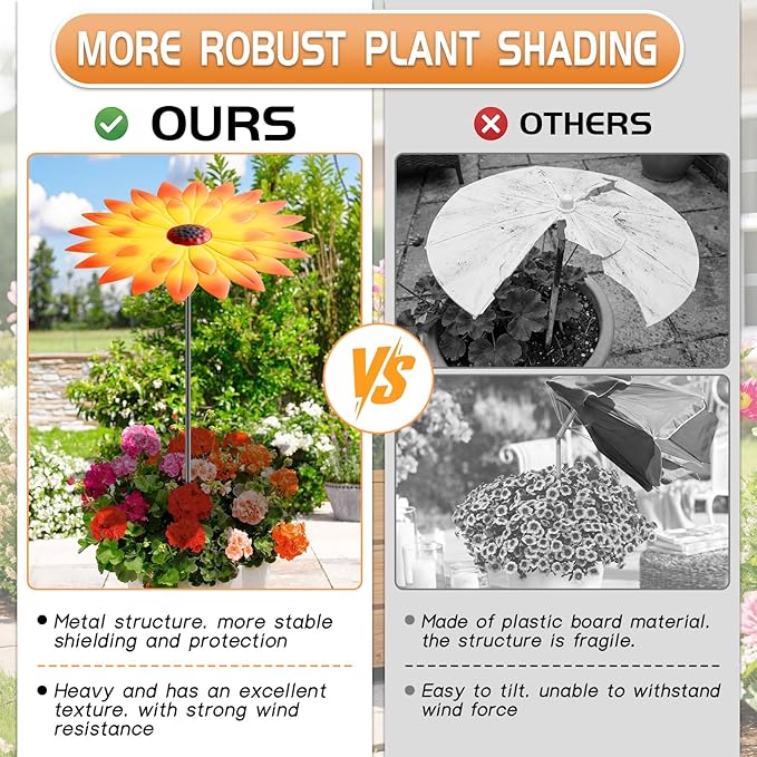 Axcoix 2 Pack Metal Plant Umbrellas for Outdoor Plants, 12" Realistic Flower Design Garden Plant Umbrella Shade, Decorative Sun Shade Disk for Plants, Potted Plants, Garden Beds