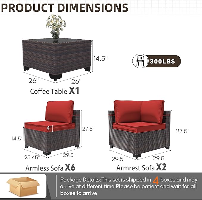 Patio Furniture Set 9 Pieces Outdoor Sectional Sofa Set,All Weather Wicker Patio Sofa PE Rattan Patio Conversation Set w/Cushions and Glass Coffee Table,Red