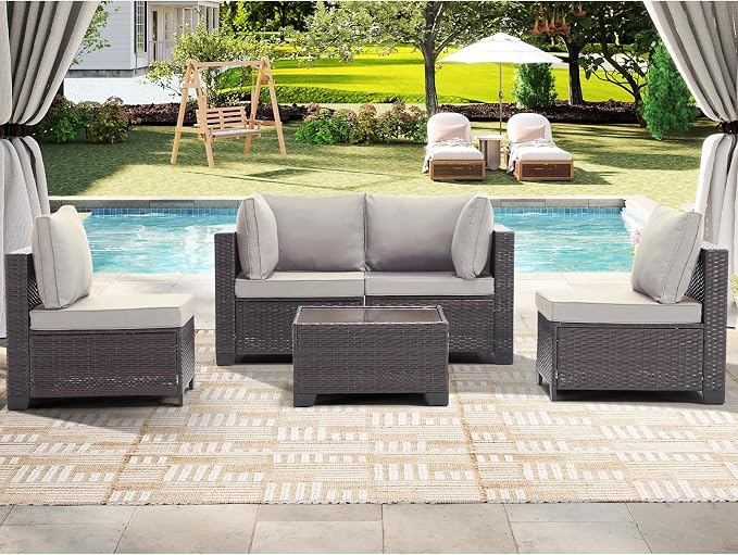 CANMOV 5 Pieces Patio Furniture Sets, All Weather Outdoor Patio Conversation Set, PE Wicker Rattan Sectional Sofa Couch with Glass Coffee Table and Washable Cushions for Backyard Garden, Porch, Khaki