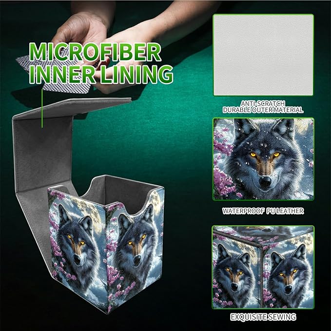 Cherry Blossom Gray Wolf Card Deck Box for MTG, Personalized Card Storage Case Fits 120+ Sleeved Cards, Premium Leather TCG Box with Strong Magnetic Closure for Magic, PTCG, Baseball Cards
