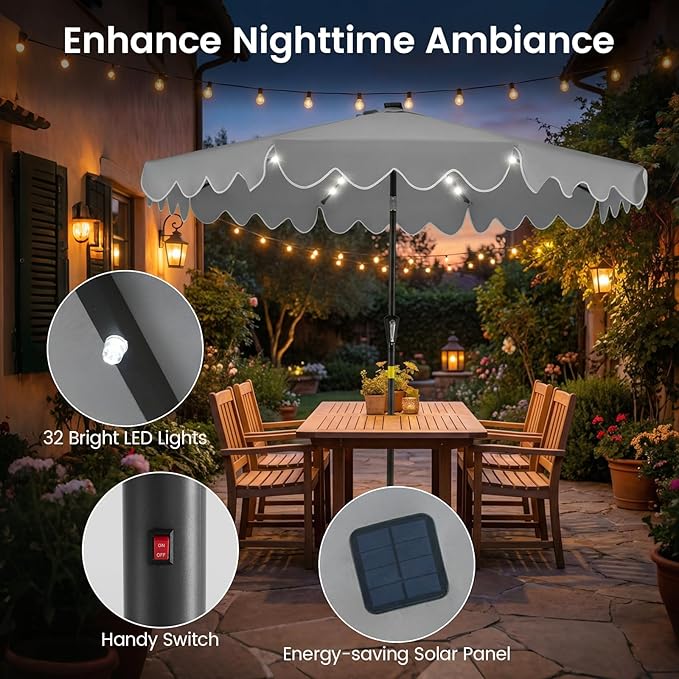 Tangkula 9 FT Solar Patio Umbrella with Base Included, 2-Tiers Outdoor Scalloped Table Umbrella with 32 LED Lights, 2 Sandbags, Tilt Adjustment, Crank, 8 Ribs for Market Backyard Pool Deck Beach Lawn