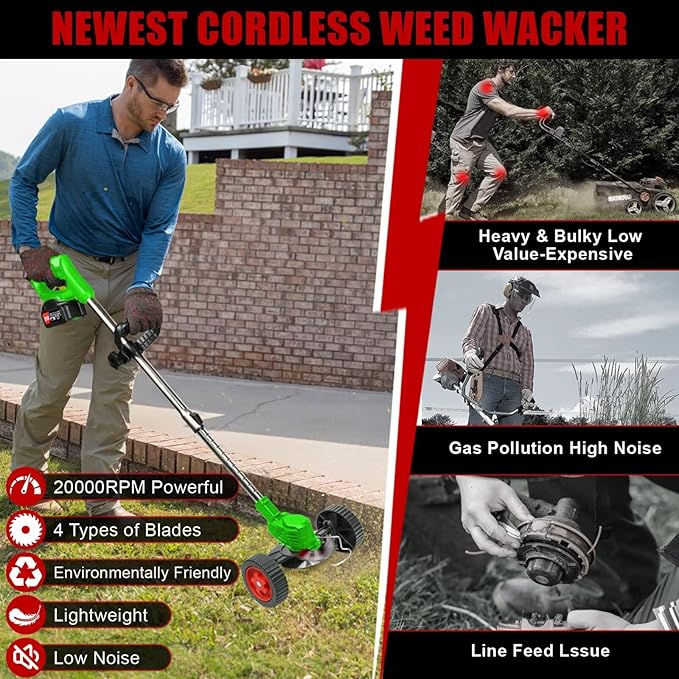 Cordless Weed Wacker Electric Weed Wacker Battery Powered with 21V Battery Operated Grass Trimmer 3 in 1 Weed Trimmer Grass Cutter Brush Cutter for Lawn Garden Pruning