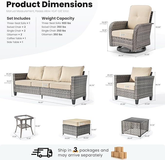 ovios 9 Pieces Patio Furniture Set, Outdoor Wicker Sofa Couch with Rocking Swivel Chairs Solar Lights Table, Modern Deep Seat Rattan Conversation Sets for Deck Porch, Beige