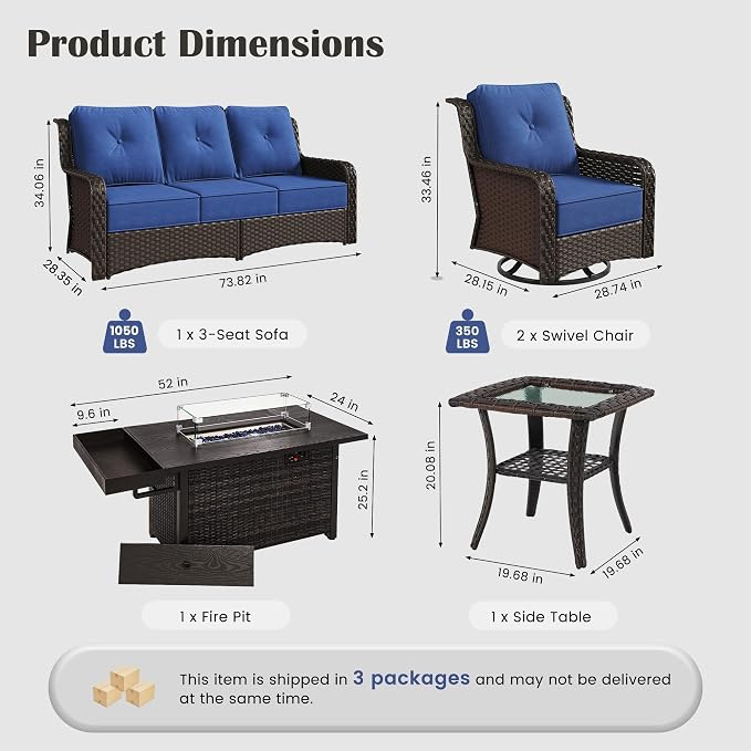 Sundale Outdoor Wicker Patio Furniture Set with Fire Pit, 5 Piece All Weather Outdoor Furniture Set with Swivel Chairs & Couch, High Back Patio Conversation Sets with 6" Cushions for Yard, Deck (Blue)