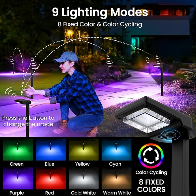AUDERWIN 6 Pack Color Changing & Sync Smart Solar Pathway Lights, Solar Lights Outdoor Waterproof, 9 Modes (Warm White/Cool White/RGB) Landscape Lighting for Driveway, Walkway, Garden, Yard, Patio