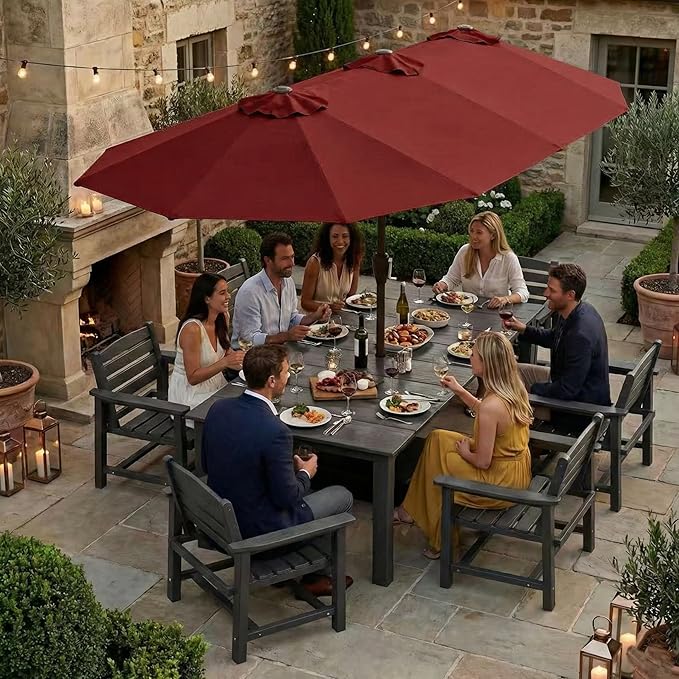 Kingdura 15ft Large Patio Umbrella with Base Included, Double-Sided Rectangle Outdoor Table Umbrella with 12 Reinforced Ribs, Crank Lift for Market Pool Deck Backyard, Dark red