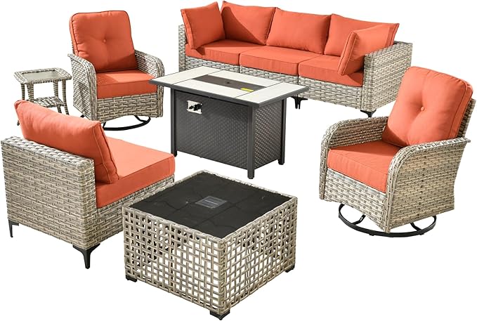 Outdoor Patio Furniture Sets,9 PCS Patio Conversation Set Outside Rattan Sectional Sofa with 42 in Fire Pit Table Wicker Rocking Chair Coffee Table Fit Backyard Porch Garden Poolside Balcony