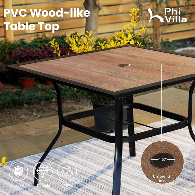 PHI VILLA Outdoor Patio Dining Set for 4, 5 PCS Patio Table & Chair Set Clearance with 4 Swivel Dining Chairs & 1 Square Patio Table(1.57" Hole), Patio Dining Furniture for Lawn Garden, Black Coated