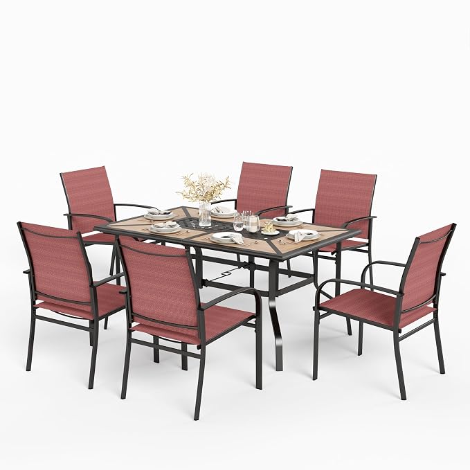 HERA'S HOUSE 7pc Patio Dining Set, Metal Table with PVC Top, Red Chairs | 61" rectangular table with umbrella hole, 6 textilene chairs. Waterproof, rust-resistant, all-weather for yard, porch