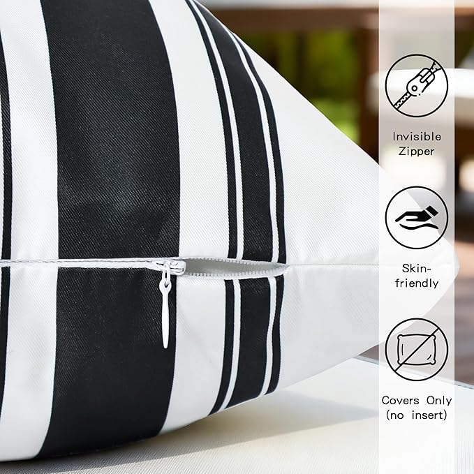 Waterproof Outdoor Pillow Covers 18x18 Inch Set of 2, Black and White Stripe Geometric Decorative Throw Pillow Cover, Modern Farmhouse Cushion Cases for Patio Garden Porch Balcony Couch Sofa