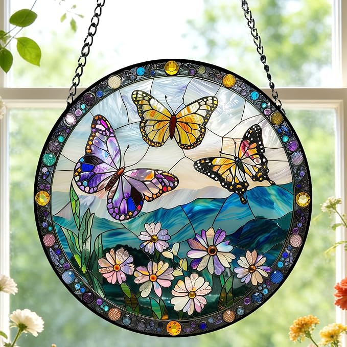 Stained Glass Butterfly Suncatcher Window Hanging Birthday Gifts for Women | 6.3in Garden Sun Catcher, Butterflies Wildflowers Home Decor, Memory Gift for Mom Grandma & Mother's Day, Christmas Ornament