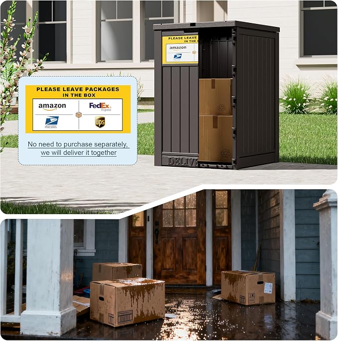 Package Delivery Box for Outside With Sign, Lockable Outdoor Storage Box Waterproof Deck Box, Large Double Wall Resin Parcel Drop Boxes, 48 Gallon, Classic Brown