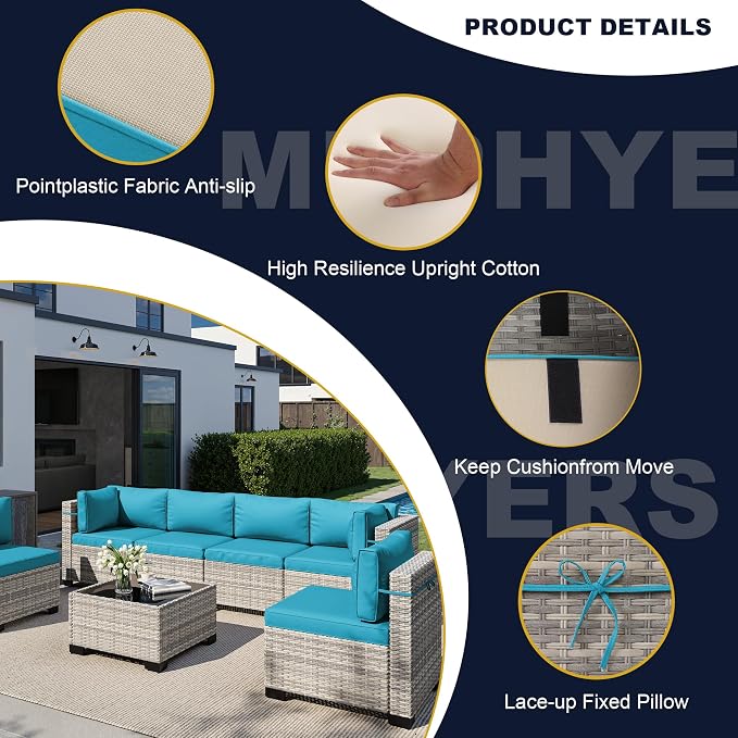 14-Piece Outdoor Patio Furniture Set with Rocking Swivel Chair, Wicker Rattan Sectional Sofa Conversation Set with 55,000 BTU Fire Pit Table, Backyard Furniture, Turquoise