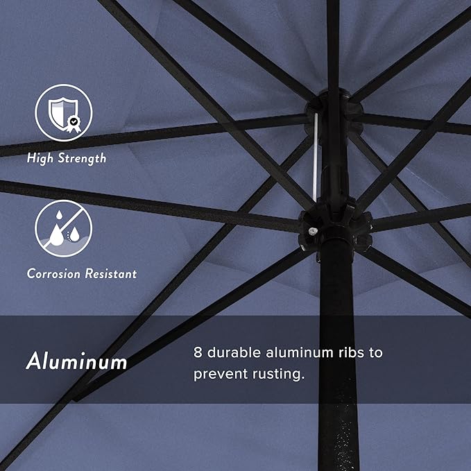 California Umbrella 12-Year Protection 9' Rd Aluminum Patio Umbrella, Crank Lift, Auto Tilt, Black Finish, Sunbrella Air Blue