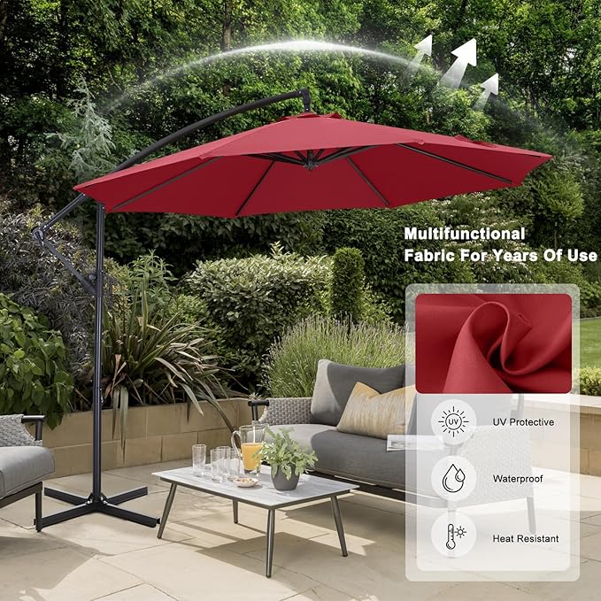 ABCCANOPY 10FT Cantilever Patio Umbrella with base included, 360° Rotation Outdoor Offset Umbrella for Backyard, Deck, Poolside (Burgundy)