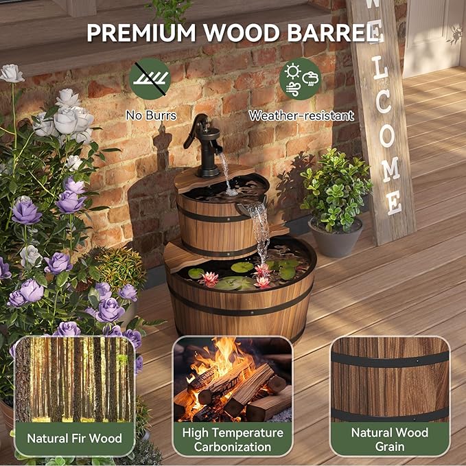 Aoxun 2-Tier Outdoor Water Fountain, Wood Barrel Cascading with Electric Decorative Hand Pump, Rustic Waterfall Fountain for Garden, Backyard, Patio, Porch, Yard