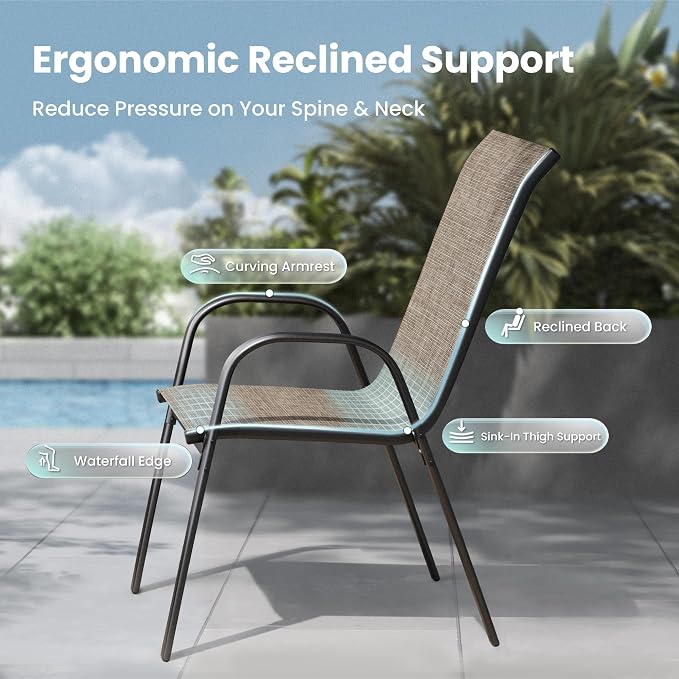 PHI VILLA Patio Dining Set for 4, Stackable Chairs & Carbon Crystal Table | Textilene mesh chairs & 37'' Square Table. E-coated metal frame for outdoor, deck, lawn, garden. Rust-resistant, easy-clean