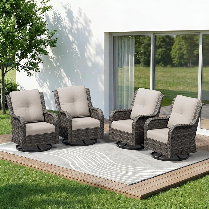 4 Piece Outdoor Swivel Rocker Patio Chairs Set, Patio Chairs Set of 4 with Thickened Olefin Cushions, High Back and Deep Seating, Hand-Woven PE Rattan for Porch, Deck, Beige