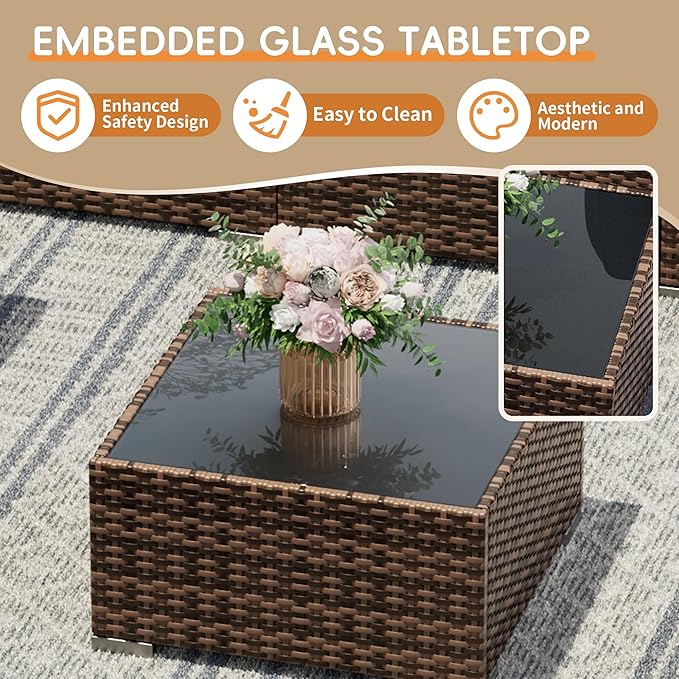 Patio Furniture Set, 5 Pieces Outdoor Sectional Sofa Set, PE Wicker Rattan Slanted Back Outdoor Conversation Set with Cushions and Glass Coffee Table, Orange