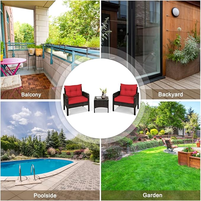 HAPPYGRILL 3 Pieces Patio Furniture Set Outdoor Rattan Wicker Coffee Table & Chairs Set with Seat Cushions Patio Conversation Set for Garden Balcony Backyard Poolside