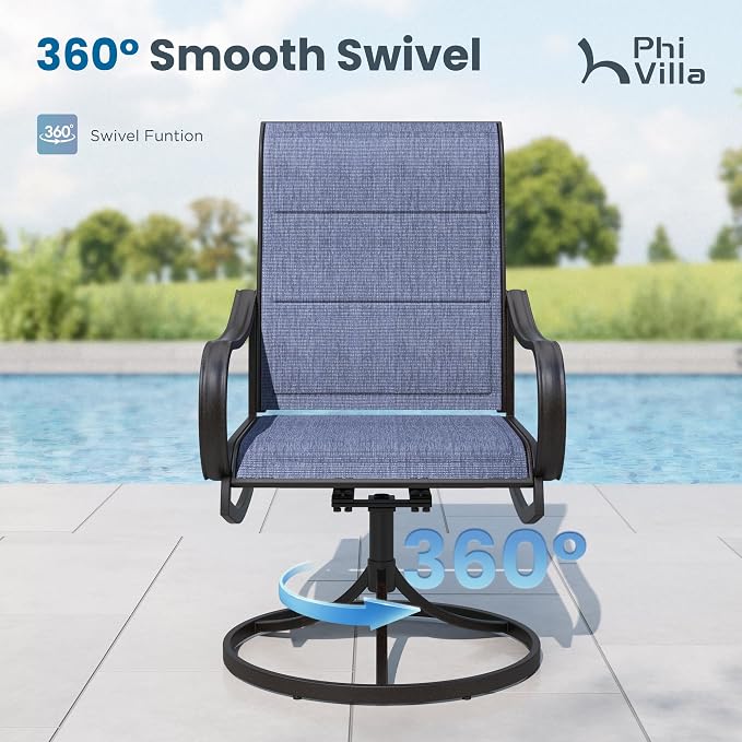 PHI VILLA 5 PCS Patio Dining Set with 4 Padded Outdoor Swivel Dining Chairs(Blue) and 37"x 37" Metal Steel Dining Table(1.57" Umbrella Hole), Outdoor Dining Table & Chairs Set for Deck Lawn Garden