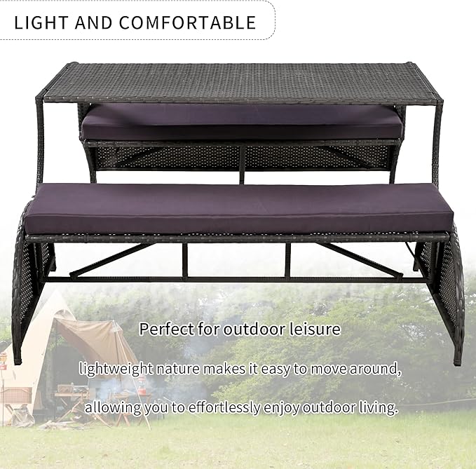 Merax Outdoor Rattan Loveseat, Patio Conversation Sets, Convertible to Four Seats with Table Sofa for Backyard, Garden and Lawn, Gray