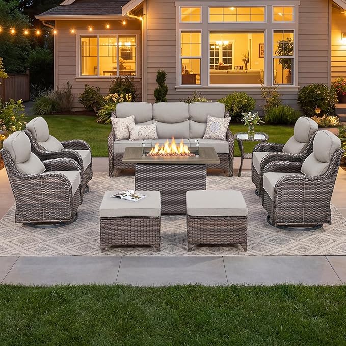 Luxury Patio Furniture Set with 6-inch Thick Cushion, Outdoor Furniture with Fire Pit Table, Swivel Chairs, Sofa, Side Table, Ottomans, 9pcs Wicker Conversation Set for Deck Yard and Poolside(Beige)