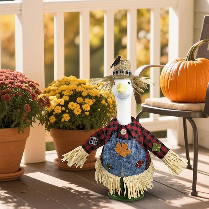 Scarecrow Porch Goose Outfits for 23 Inch Lawn Statue, Costume for Plastic/Cement Goose Statue, Seasonal Fall Sculpture Clothes for Garden Yard Patio Party Decoration